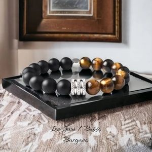 Men's Tiger Eye Bracelet W/ Frosted Stone & Stainless Steel - 10mm NWT